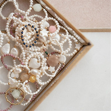 Bohemian Handmade Natural Stone Freshwater Pearl Rings Women with Stainless Steel Bead Stretch Rope Wedding Ring Adjustable daiiibabyyy
